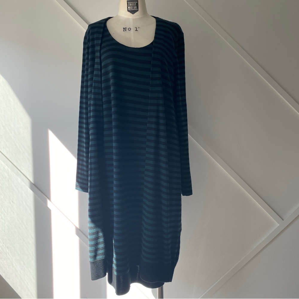 Akris Punto Black Green Striped Wool Knit Long Sleeve Sweater Dress 10 Luxury